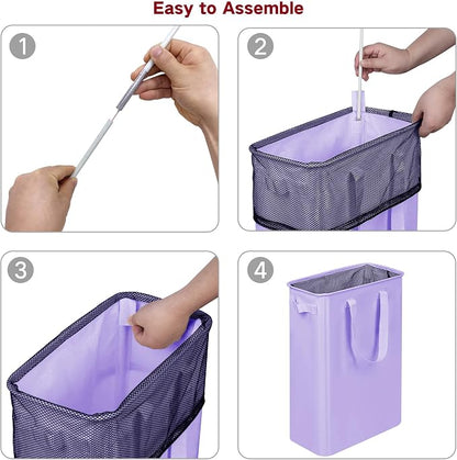 efluky Slim Laundry Basket, Narrow Laundry Hamper with Handles, Collapsible Dirty Clothes Hamper, Tall Laundry Bin for Laundry Room, Dorm and Bedroom, 19.8 Gallon (75L) Light Purple