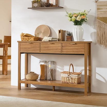LEYAOYAO Fluted 47.2" Console Table with 3 Drawers, Modern Wood 2 Tier Entryway Table with Open Storage Shelf, Boho Sofa Entry Tables Behind Couch for Living Room, Hallway, Entrance Foyer, Tea Brown