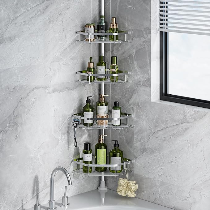 LAMU Shower Caddy Corner Tension Pole, Stainless Steel Shower Organizer, Strong Spring, 5 Adhesive Pads, 2.4 in Non-Slip Grid Base, Adjustable 4-Tier Basket, 4 Hooks, Fits Heights 37.8-124 in, Silver