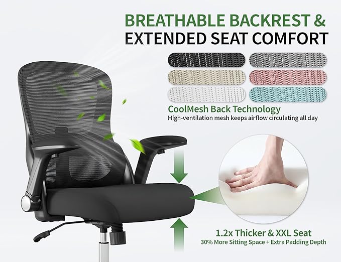 Office Chair Ergonomic Desk Chair Comfy: 400LBS Mesh Computer Chair Ergonomic Gaming Chairs with Wheels Adjustable Lumbar Support and Flip up Armrest-Swivel Executive Chairs Long Hours(Black)