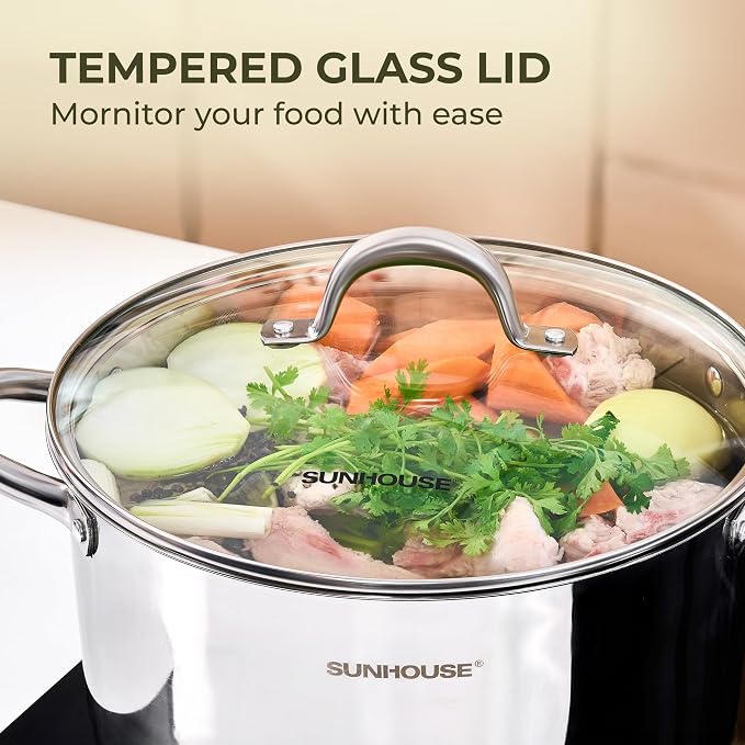 Sunhouse Stock Pot with Lid - 12 QT Large Pot for Cooking Pasta, Soup, Spaghetti - Impact Bonding Base Big Stainless Steel Pots for Canning, Boiling - Oven Safe & Induction Compatible Cookware