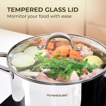 Sunhouse Stock Pot with Lid - 16 QT Large Pot for Cooking Pasta, Soup, Spaghetti - Impact Bonding Base Big Stainless Steel Pots for Canning, Boiling - Oven Safe & Induction Compatible Cookware