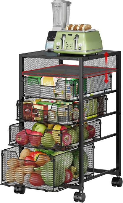 5-Tier Kitchen Utility Storage Cart with Adjustable Wood Top (Tabletop or Basket), Fruit Vegetable Storage Rack with Wheels & Drawers, Metal Rolling Pantry Cart, Kitchen Organizer for Snack Can Potato