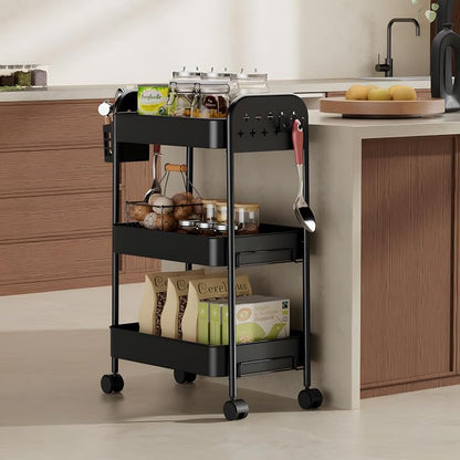 Heavy-Duty Rolling Cart 3 Tier Metal Utility Storage Cart with Casters, Hanging Cups, Hooks, Book Snack Craft Mesh Rolling Storage Organizer for Kitchen Office