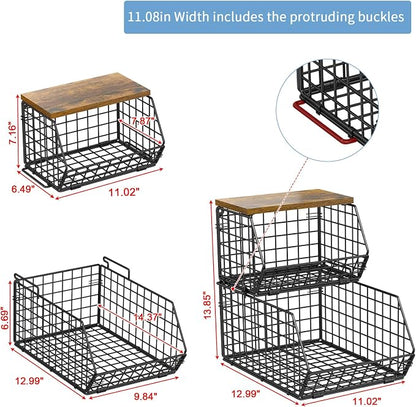 Stackable Fruit Basket for Kitchen Counter, 2 Tier Wire Baskets with Wooden Lid Top, Vegetable Storage Organizer Bins, Wall Mountable Pantry Baskets for Produce, Onion, Potato, Black