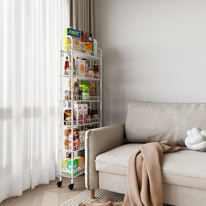 6 Tier Slim Rolling Storage Cart with Wheels, Metal Mobile Shelving Unit Organizer Utility Cart for Office Bathroom Kitchen Laundry Room Narrow Places (White 6 Inches)