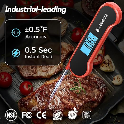 0.5 Sec Instant Read Meat Thermometer Digital with ±0.5℉ Precision, Food Thermometer for Cooking Kitchen Gadgets, Oven Grill Candy BBQ Essentials Accessories, Gifts for Him Dad Men Birthday, Red