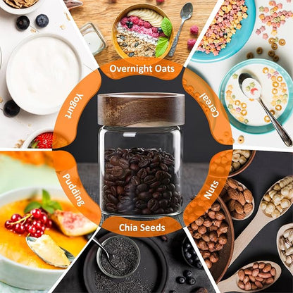18 oz/550 ml Clear Glass Storage Canister with Airtight Wooden Lid, Small Overnight Oats Containers, Cute Decorative Salad Jar for Snacks Yogurt Spice Sugar Cereal Fruit Coffee Tea