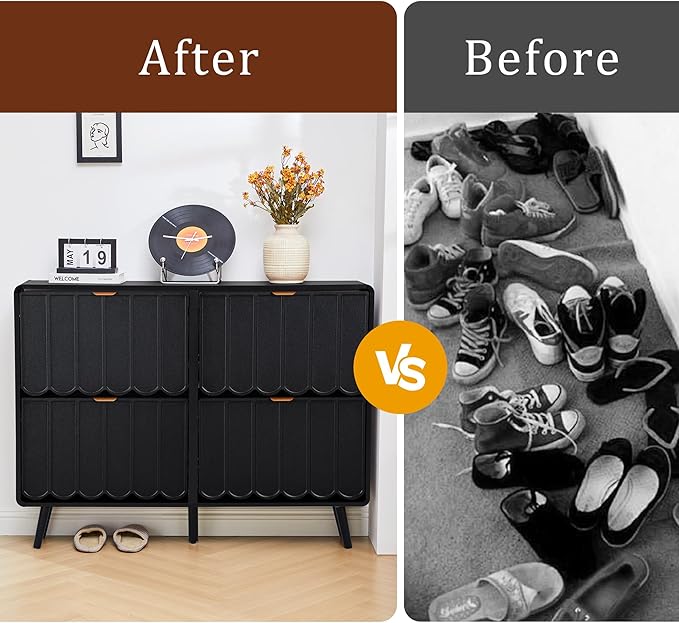 Shoe Storage Cabinet for Entryway with 4 Flip Drawers, Freestanding Narrow Wood Shoe Cabinet with Wave Panel, Hidden Shoe Organizer for Foyer, Hallway (Black)