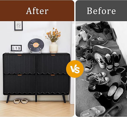 Shoe Storage Cabinet for Entryway with 4 Flip Drawers, Freestanding Narrow Wood Shoe Cabinet with Wave Panel, Hidden Shoe Organizer for Foyer, Hallway (Black)