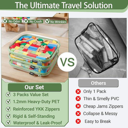 YQBRAO 3-Pack Large Clear Hard Shell Zipper Case, 1.2mm Ultra-Thick Rigid Toy & Closet Organizer, Heavy-Duty Diaper Bag Pouch Set with YKK Zippers, Waterproof Travel Storage (Green)