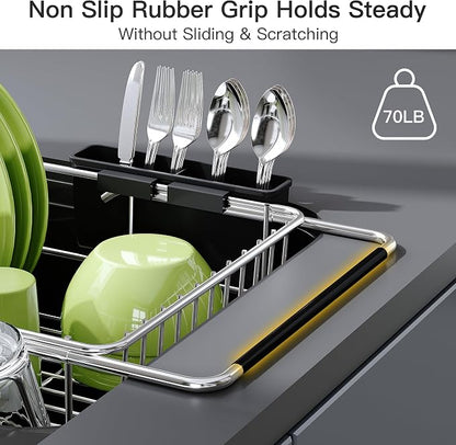 JASIWAY Dish Drying Rack in Sink, Expandable Stainless Steel Dish Drainers for Kitchen Counter, Dish Dryer Rack for Inside Sink, Over The Sink Dish Racks with Utensil Holder, Silver