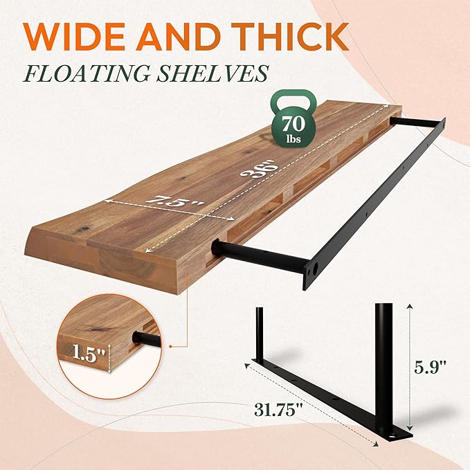 Howizz 36" Acacia Live Edge Floating Shelves Set of 2 - Wall Mounted Wooden Shelf for Stylish Home Décor - Teak Look Color 36x7.5x1.5 Inches