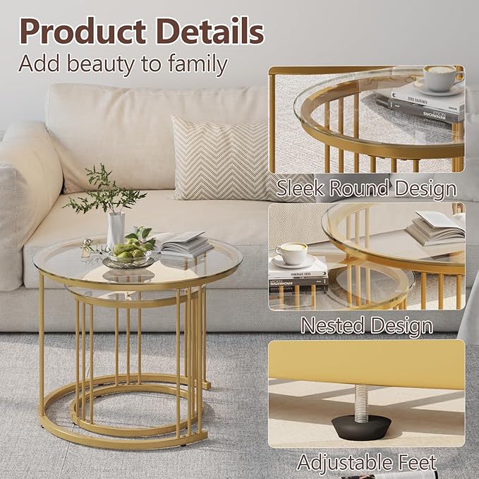 Garden 4 you Nesting Coffee Table, 23.6" Round Coffee Table Set of 2, Glass Nesting Table with Metal Frame, Ceter Tables for Living Room Bedroom Balcony, Gold
