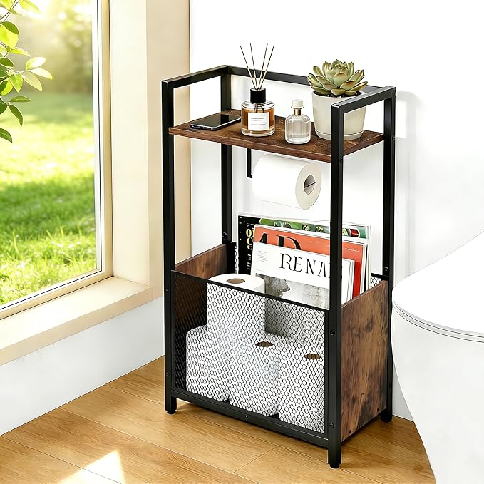 Toilet Paper Holder Stand, Free Standing Toilet Paper Stand with Metal Mesh Basket, Freestanding Toilet Paper Holder with Storage for Bathroom Tissue Roll Holder, Magazines, Wipes, Black