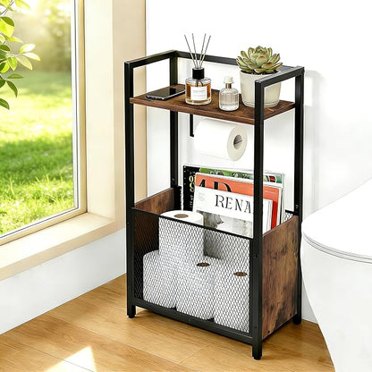 Toilet Paper Holder Stand, Free Standing Toilet Paper Stand with Metal Mesh Basket, Freestanding Toilet Paper Holder with Storage for Bathroom Tissue Roll Holder, Magazines, Wipes, Black