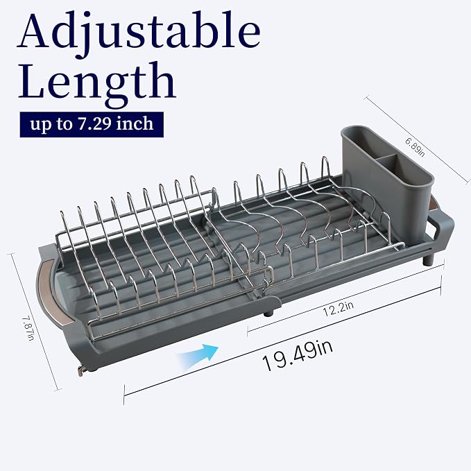 Dish Drying Rack Compact Expandable - A Space-Saving, Stainless Steel, Rust-Resistant Dish Drainer for Kitchen and Apartment Countertops/Sink Cabinets, Extendable from 11.42 to 19.9 inches (Gray)