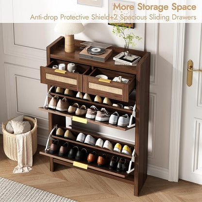 HOKYHOKY Rattan Shoe Storage Cabinet with 2 Drawers & 2 Flip Drawers – Hidden Slim Shoe Organizer for Entryway, Large Tabletop Space, Farmhouse Boho Narrow Shoe Rack, Walnut
