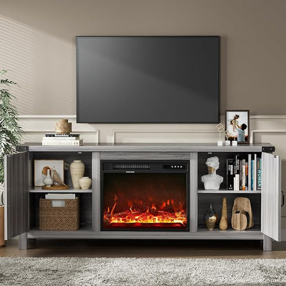 YESHOMY Fireplace TV Stand with Two Barn Doors and Storage Cabinets for Televisions up to 65+ Inch, Entertainment Center Console Table, Media Furniture for Living Room, 58 Inch, Gray