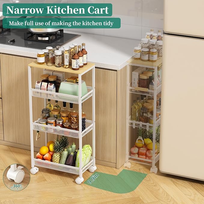 Utility Slim Storage Cart, 4 Tier Rolling Cart with Wheels, Laundry Shelves with Wood Top, Narrow Cabinet for Bathroom Organization, Small Organizer for Kitchen, Office and Dorm (White, 9.1'')