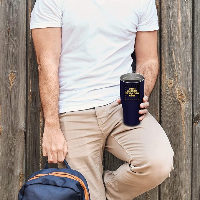 DISCOUNT PROMOS 50 Stainless Steel Grip Travel Mugs Set, 27 oz. - Customizable Text, Logo - Vacuum Insulated, Plastic Lid - Blue