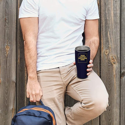 DISCOUNT PROMOS 10 Stainless Steel Grip Travel Mugs Set, 27 oz. - Customizable Text, Logo - Vacuum Insulated, Plastic Lid - Blue