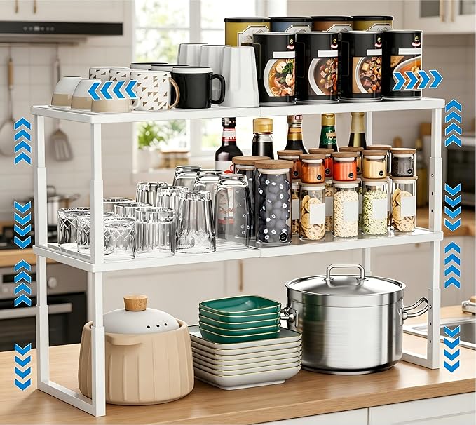 Shelf Organizer Stackable 2 Pack: Expandable (15.8"-25.5") Spice Rack Height Adjustable(6.2"/7.3"/8.5") Kitchen Organizer Countertop Metal Shelves for Pantry Storage White