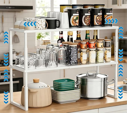 Shelf Organizer Stackable 2 Pack: Expandable (15.8"-25.5") Spice Rack Height Adjustable(6.2"/7.3"/8.5") Kitchen Organizer Countertop Metal Shelves for Pantry Storage White