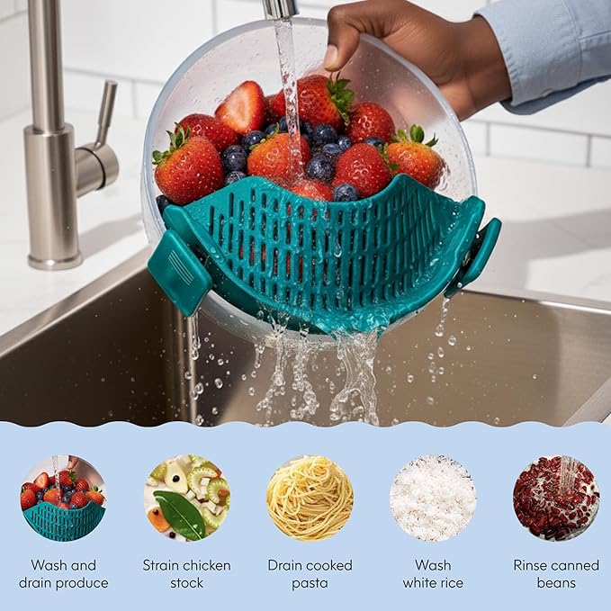 Anyday Silicone Clip On Strainer for Pots and Pans & Glass Dishes | Pot Strainer Silicone, Universal Clip On Pasta Strainer for Meat, Rice, & Vegetables (Kale)