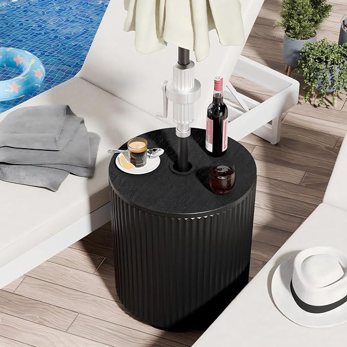 Outdoor Umbrella Stand with Hole, in Pool Umbrella Stand with Weighted Water Filled Bladder, Fluted Vertical Ribbed Design, All Weather Umbrella Side Table Base, Patio Umbrella Base, Black