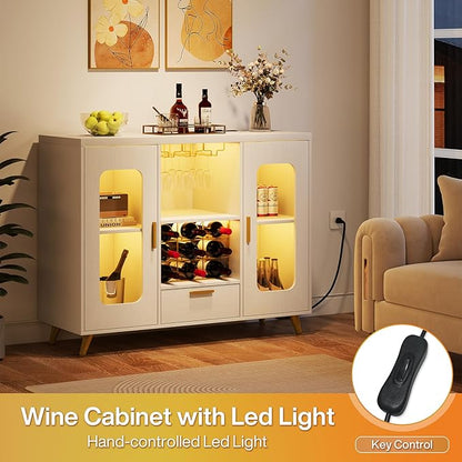 Bar Cabinet with Power Outlets, Modern Coffee Bar Sideboard with LED Light, Farmhouse Liquor Cabinet with Wine Rack, Glass Holder & Wine Storage, White