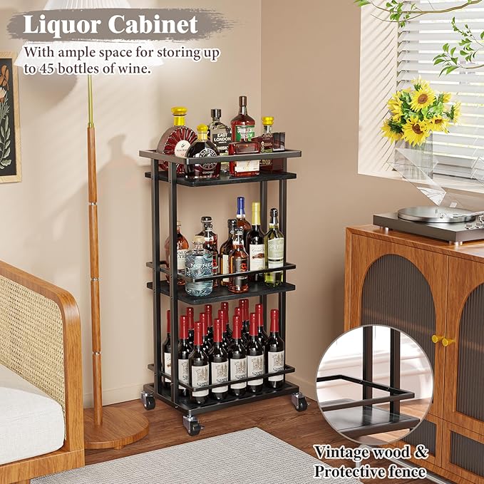 3 Tier Bar Cart for Home, Rolling Mini Liquor Bar for Wine Beverage Dinner Party, Utility Kitchen Storage Island Serving Cart on Wheels, Coffee Bar Cabinet for Kitchen Dining Living Room, Black