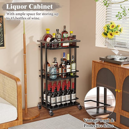 3 Tier Bar Cart for Home, Rolling Mini Liquor Bar for Wine Beverage Dinner Party, Utility Kitchen Storage Island Serving Cart on Wheels, Coffee Bar Cabinet for Kitchen Dining Living Room, Black