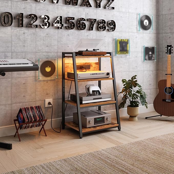 HOOBRO 4-Tier AV Media Stand with Charging Station and LED Light, Wooden Stereo Cabinet, Game Console Stand, Media Audio Rack, Record Player, Entertainment Center, Rustic Brown and Black BF106UDCJ01