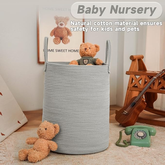 JMvicyroam Large Woven Laundry Basket Hamper,80L Cotton Rope Storage Bin for Blankets,Toys and Clothes,Decorative Tall Nursery Hamper for Living Room,Baby Nursery,Bathroom and Bedroom,Grey