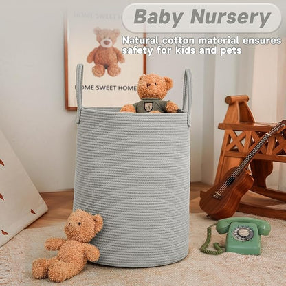 JMvicyroam Large Woven Laundry Basket Hamper,80L Cotton Rope Storage Bin for Blankets,Toys and Clothes,Decorative Tall Nursery Hamper for Living Room,Baby Nursery,Bathroom and Bedroom,Grey