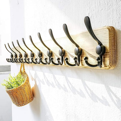 Dseap Coat Rack Wall - Heavy-Duty 38-1/4" Long, with Reinforced 10 Custom Tri-Hooks, Solid Wood Wall Hanger for Coats Hat Jackets - Rustic Farmhouse Entryway Hallway Storage, Light Brown & Black