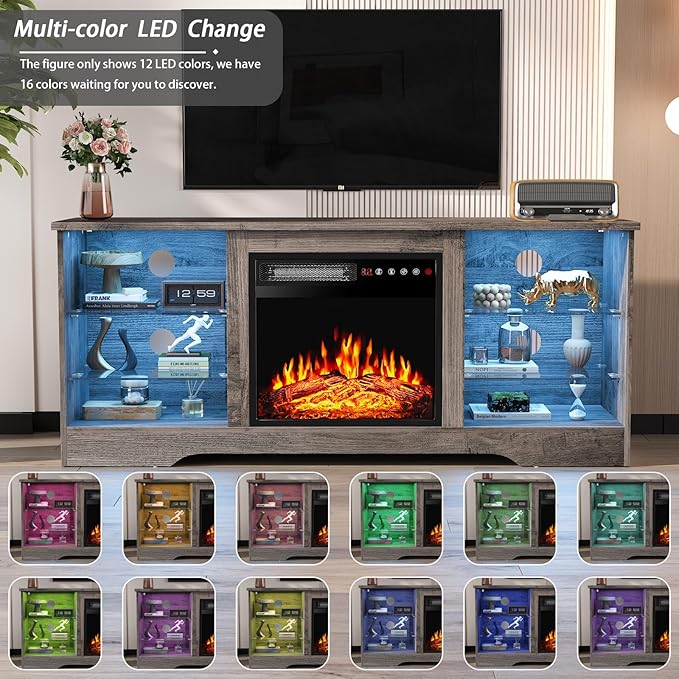 PRETZI Fireplace TV Stand with 18" Fireplace Up to 65" TVs, 58" Entertainment Center with LED Lights, TV Media Console with Adjustable Glass Shelves and Storage Cabinets for Living Room, Grey