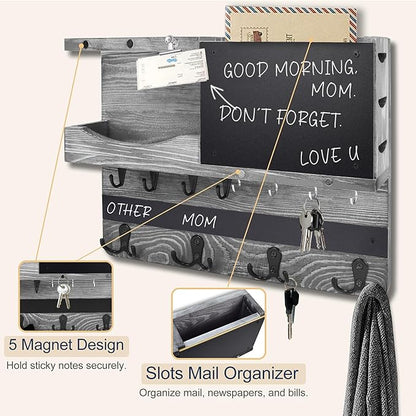 Key Holder for Wall Mount with Shelf and Mail Organizer, Key and Mail Holder with 16 Hooks, Farmhouse Entryway Organizer, Home Decor Rack(Pine Wood,Washed Gray)