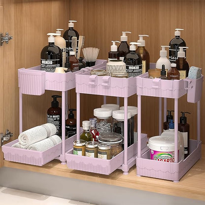 Sevenblue 3 Pack Under Sink Organizers,2-Tier Multi-Use Kitchen and Bathroom Organizers and Storage with Sliding Drawers,Bathroom Cabinet Organizer (Pink, 12.8 Inch)
