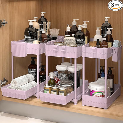 Sevenblue 3 Pack Under Sink Organizers, 2-Tier Multi-Use Kitchen and Bathroom Organizers and Storage with Sliding Drawers, Bathroom Cabinet Organizer (Pink, 14.8 Inch)