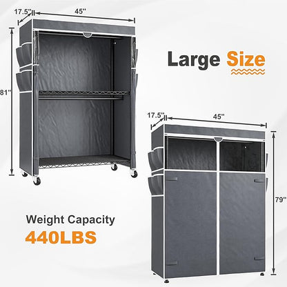 Raybee Rolling Clothes Rack with Cover, 81" H Heavy Duty Clothing Rack with Adjustable Shelves, Portable Wardrobe Closet with Visible Window, Double Rod Garment Rack on Wheels, Max Load 440LBS, Black