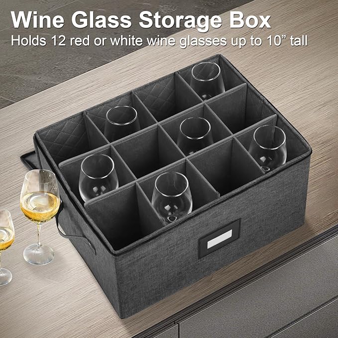 Wine Glass Storage Box with Dividers 2 Pack, Hard Top Stemware Storage Containers, Stackable Crystal Storage Containers for 24 Glassware Drinkware, with Handles for Moving/Home, 17"x13"x10" Black