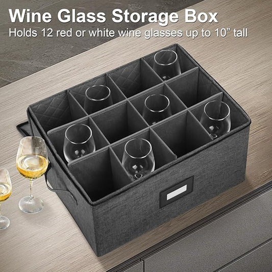 Mayniu Stemware Storage Cases, Wine Glass Storage Box with Dividers – Hard Shell Top, Stackable for Crystal, Glassware Storage Containers for Packing, Moving & Home (17"x13"x10" Black)