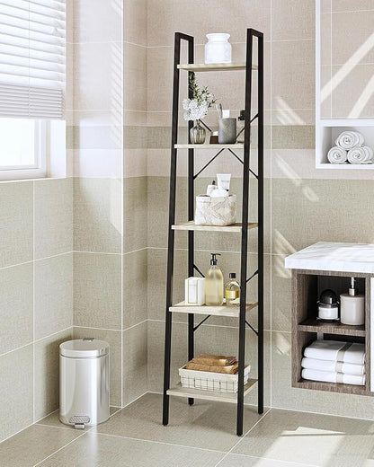 Ladder Shelf, Bookshelf Bookcase, Freestanding Corner Storage Shelve with 2 Hooks for Home Office, Living Room, Kitchen, Bedroom, Industrial, 11.8" D x 13.4" W x 63" H, Greige BC03205B