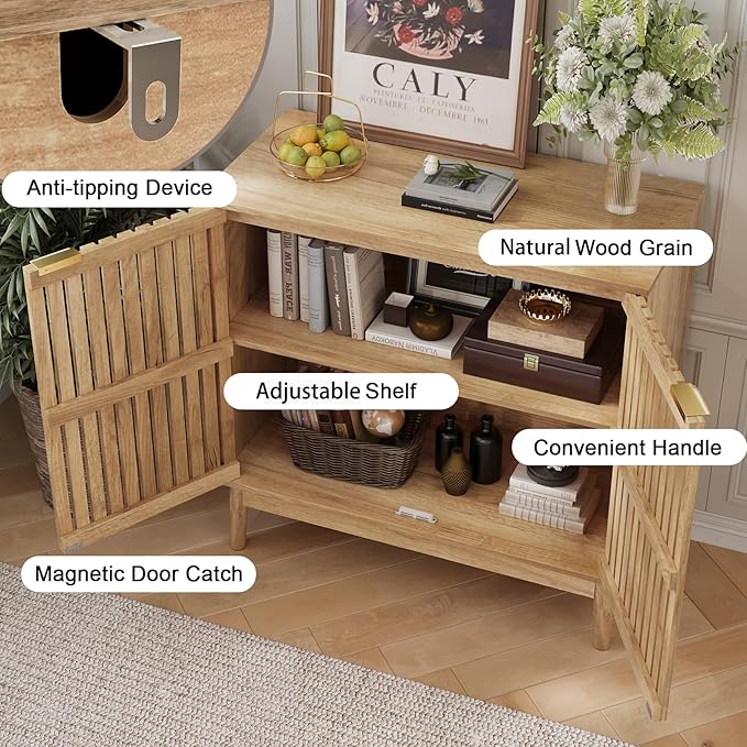 Sideboard Buffet Cabinet with Storage, Freestanding Kitchen Storage Cabinet with 2 Slatted Doors and Adjustable Shelves, Wooden Cupboard for Kitchen, Entryway (Slatted Door Natural)