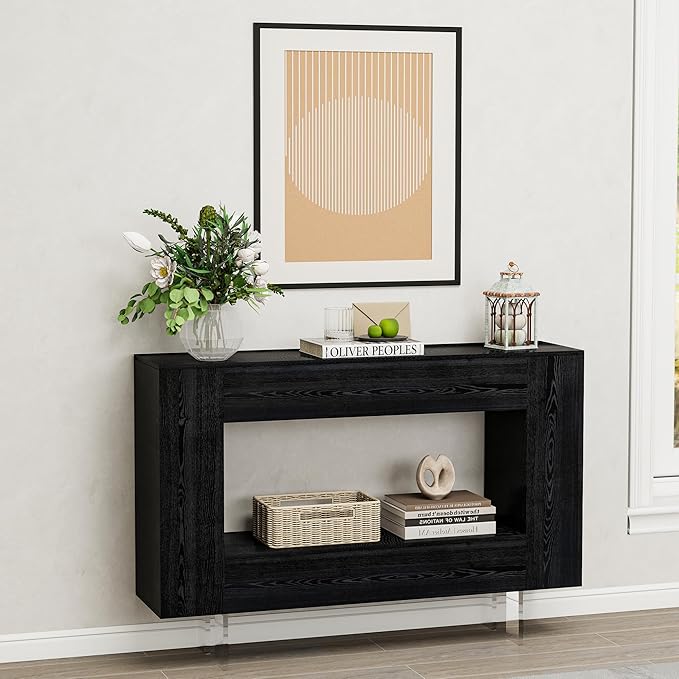 Narrow Console Table with Hidden Side Storage Cabinets, Adjustable Shelves, Modern Black Entryway Sofa Table for Behind The Couch, Living Room, Hallway, Black