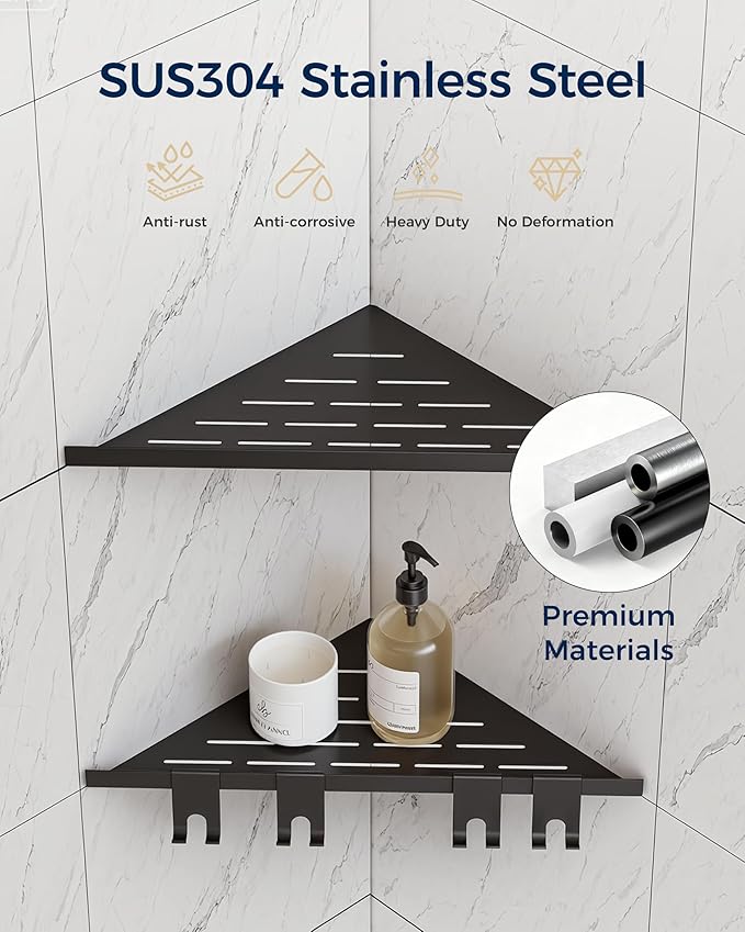 Corner Shower Shelf 10'', 304 Stainless Steel Corner Shelf 2 Pack, Grout in Bathroom Shelves for Tiled Wall, Recessed Shower Shelves Caddy with 4 Hooks, No Drilling (Matte Black)
