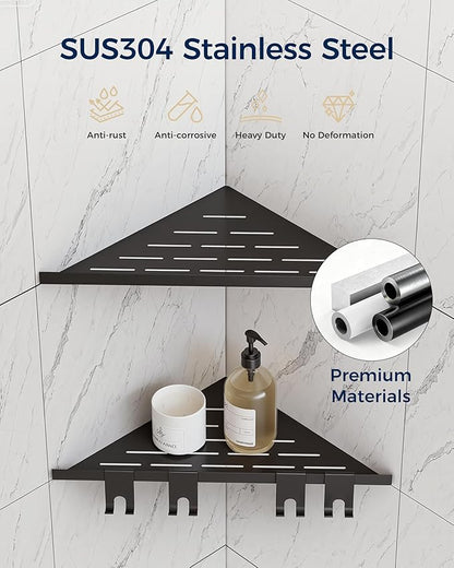 Corner Shower Shelf 10'', 304 Stainless Steel Corner Shelf 2 Pack, Grout in Bathroom Shelves for Tiled Wall, Recessed Shower Shelves Caddy with 4 Hooks, No Drilling (Matte Black)