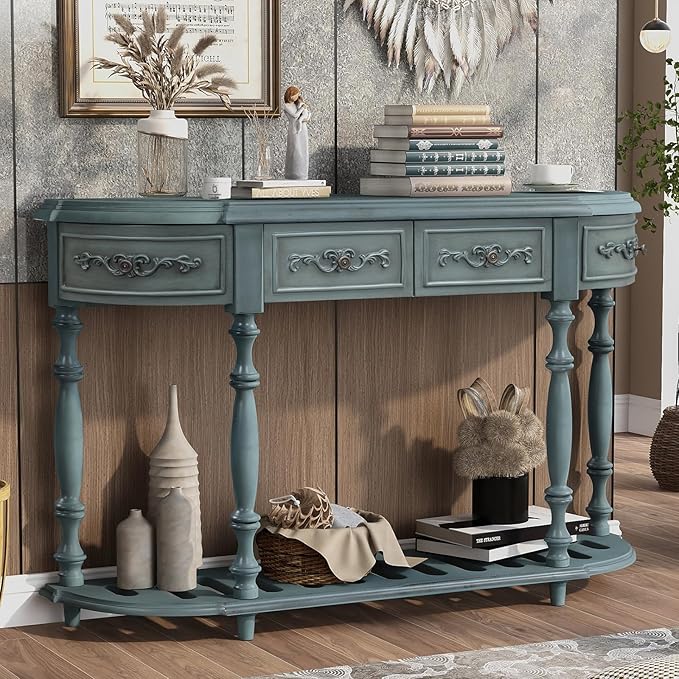 HMFULE Retro Curved Console Table, 52" Solid Wood Half Moon Console Table Sofa Table with 4 Drawers 1 Open Shelf for Living Room,Entryway,Hallway,Antique Blue